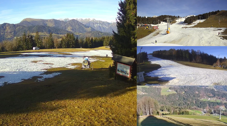 Smučarji se sonca ne veselijo več: slovenska smučišča prisiljena k zapiranju prog (foto: Spletne kamere smučišč/Soriška planina/Cerkno/Stari vrh/fotomontaža)