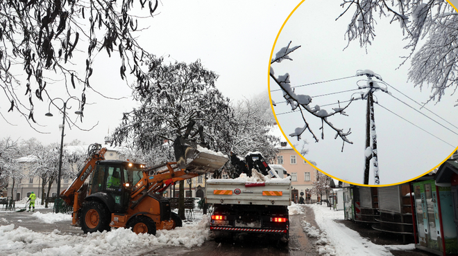 Zaradi snežnih metežev po Sloveniji mnogi prebivalci brez elektrike: pristojni skušajo rešiti težave (foto: Borut Živulović/BOBO/fotomontaža)