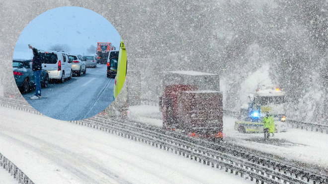 Na slovenskih avtocestah je vse mogoče: eden sredi ceste na sneg kar v natikačih, drugi fotografiral samega sebe (foto: BOBO/Facebook/InfoPot/fotomontaža)