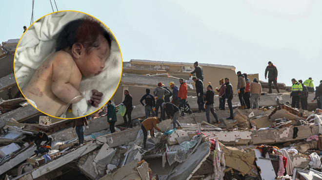 Rojena tri ure pred uničujočim potresom: dojenčico polno modric iz ruševin rešili po 55 urah (foto: Profimedia/Twitter/Voiceofnaija.ng/fotomontaža)