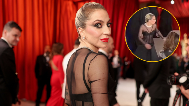 Fotograf se je zapletel v njeno obleko, nato pa ... Lady Gaga je osvojila srca tistih, ki so mislili, da je ledena kraljica (VIDEO) (foto: Profimedia/Youtube/Access Hollywood/fotomontaža)
