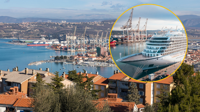 V koprskem pristanišču se bohoti vrtoglavih 370 milijonov vredna križarka: večja je kot dve nogometni igrišči (v Koper je ob njej prispela še ena luksuzna velikanka) (foto: Profimedia/Facebook/Luka Koper/fotomontaža)