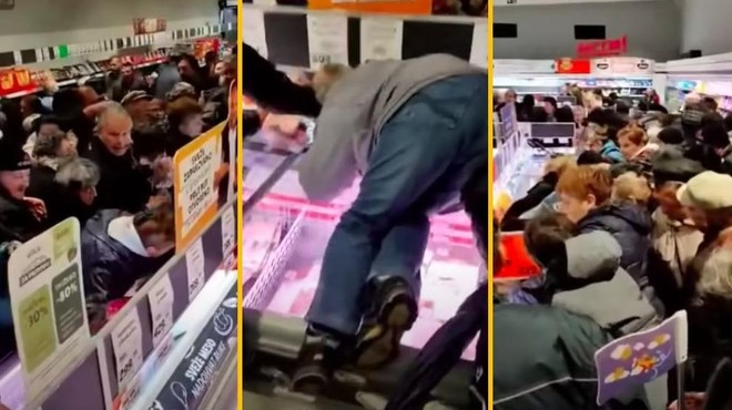 V Lidlu znižali ceno svinjskega mesa in povzročili pravo histerijo med nakupovalci, ki so skakali en čez drugega (VIDEO) (foto: YouTube/Rešetka/posnetek zaslona)