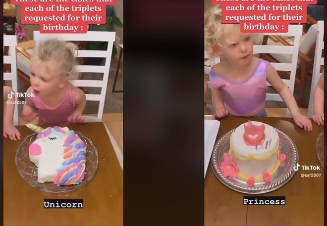 Trojčice so praznovale rojstni dan in vsaka je hotela svojo torto, ena od izbir je nato nasmejala svet (foto: TikTok/printskrin)