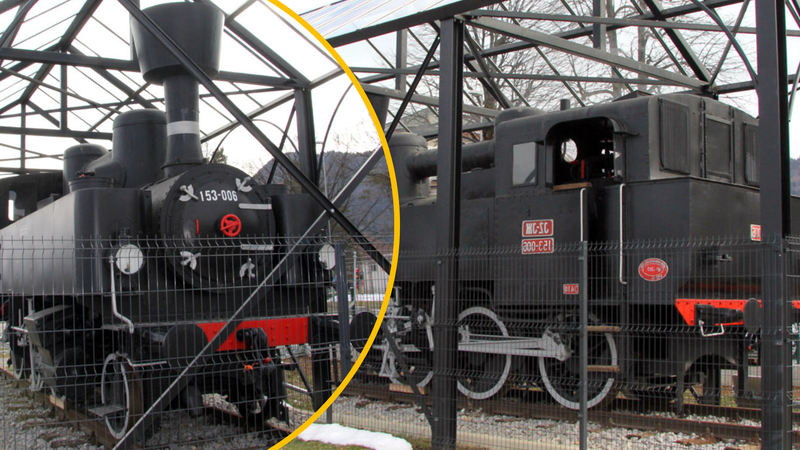 Lokomotiva v Kočevju je zaščitena z nadstreškom in ograjo.