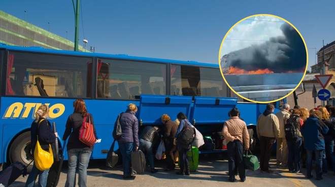 Dramatično dogajanje v Benetkah, zagorel avtobus s potniki z letališča Treviso (foto: Profimedia/Rainews/fotomontaža)
