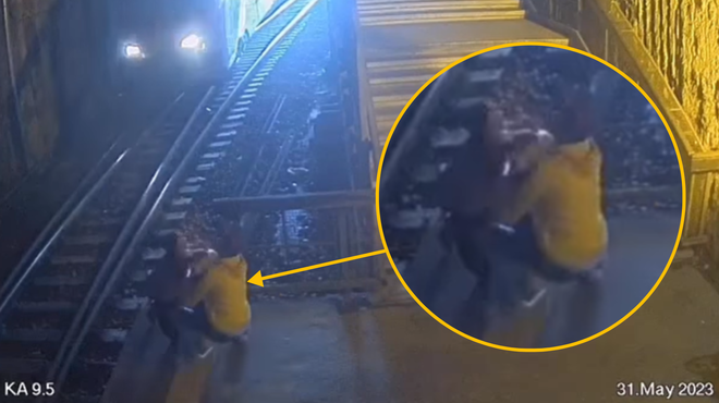 Pretresljiv posnetek skorajšnje tragedije: junaški mladenič mater in otroka v zadnjem trenutku rešil pred vlakom (VIDEO) (foto: Instagram/serbialive_beograd/posnetek zaslona/fotomontaža)