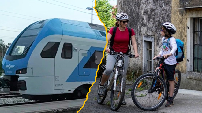 "Na vlak s kolesom," vabijo Slovenske železnice. A zgodi se vam lahko, da bo ta odpeljal brez vas, kako je to mogoče? (foto: Profimedia/fotomontaža)