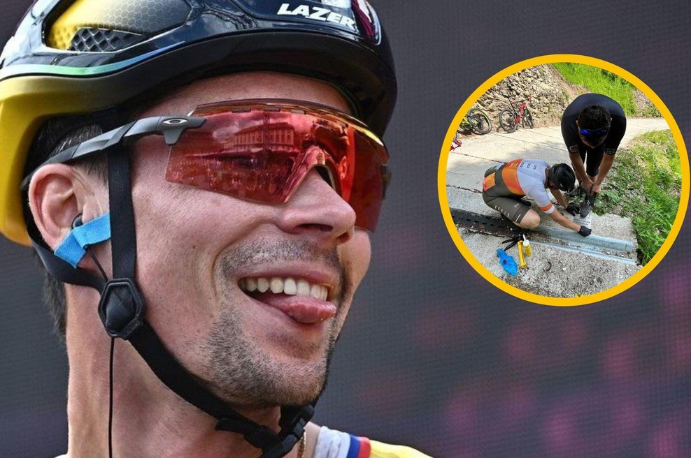 Navijači niso pozabili njegove zgodovinske zmage: na mestu, kjer se je Rogliču snela veriga, so postavili ... (foto: Profimedia/Twitter/cyclicality/fotomontaža)