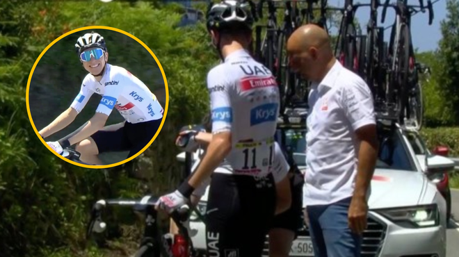 Pogačarju je danes šlo vse narobe: kar dvakrat je moral zamenjati kolo (foto: Twitter/Nieuwsblad Sport/Tour de France™/fotomontaža)