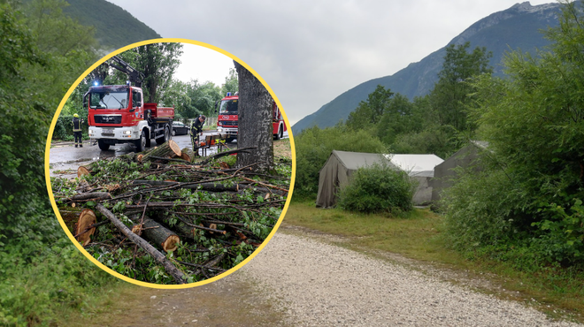 Burna noč za mlade tabornike: v bližini njihovih šotorov so padala drevesa, reševati so jih morali gasilci (foto: Facebook/PD Zabukovica/Bobo/fotomontaža)