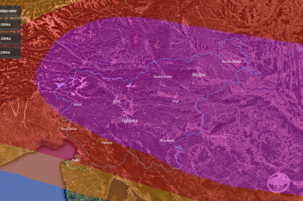Zopet bo pestro: za današnji dan izdano najvišje vremensko opozorilo, če se nahajate v vijoličnem območju, pazite nase! (foto: Facebook/Neurje.si)