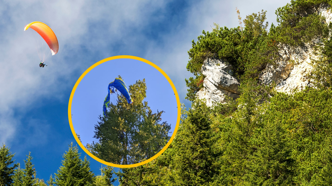 Nemška turista v Tolminu z jadralnim padalom pristala na ... drevesu (poglejte, kako sta se rešila) (foto: Profimedia/Facebook/Gorska reševalna služba Kranj/fotomontaža)