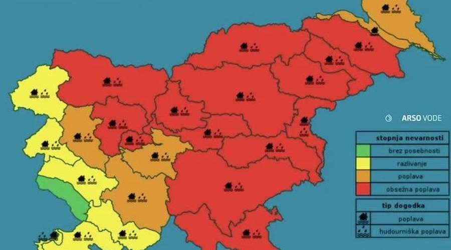 Najnovejša napoved hidrologov: to so področja v Sloveniji, kjer lahko v naslednjih urah pričakujemo poplave večjega obsega (foto: Arso)