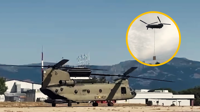 FOTO in VIDEO: Vau! Poglejte, kakšen helikopter so nam v pomoč pri poplavah poslali Španci (neverjetno, kako je zmogljiv) (foto: Facebook/Ejército de Tierra/posnetek zaslona/fotomontaža)