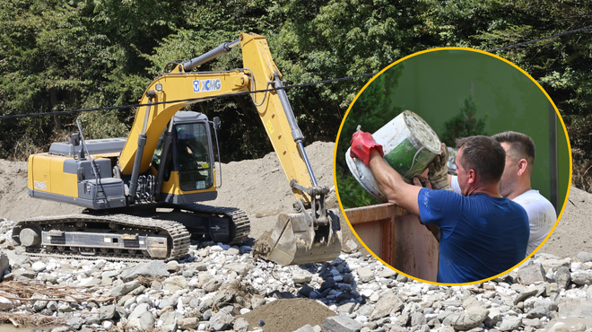 Pri odpravljanju posledic hudih poplav še vedno pomaga veliko tujcev: najbolj iskani so operaterji delovnih strojev (foto: Žiga Živulovič jr./Borut Živulovič/Bobo/fotomontaža)