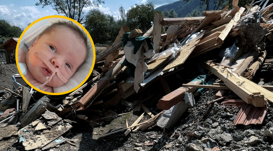Pomagajmo jim! Družina 6-mesečnega Oskarja, ki ima hudo redko bolezen, je v poplavah izgubila vse, za kar sta starša trdo garala (foto: Facebook/Društvo Viljem Julijan/fotomontaža)