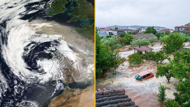 Grčiji grozi nevaren ciklon tropskih razsežnosti (tam je še vedno na dopustu veliko Slovencev) (foto: Facebook/Neurje.si/Profimedia/fotomontaža)