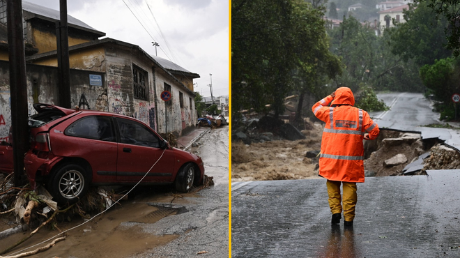 Apokaliptični prizori iz Grčije: poplave zgodovinskih razsežnosti uničevale infrastrukturo, avtomobile odnašalo morje (foto: Profimedia/fotomontaža)