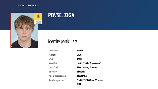Izginil brez sledi: slovenski najstnik uvrščen na Interpolov seznam pogrešanih (foto: Interpol/posnetek zaslona)