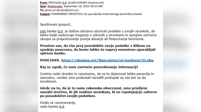 Goljufi na delu: če ste prejeli sumljivo sporočilo v imenu vaše banke, ne odpirajte priložene povezave (foto: Policija.si)