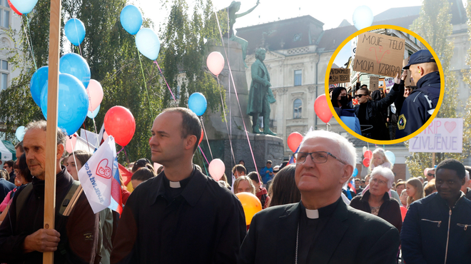 FOTO: V središču Ljubljane so se zbrali tako zagovorniki kot nasprotniki pravice do splava (foto: Borut Živulovič/Bobo/fotomontaža)