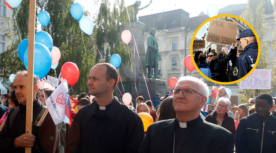 FOTO: V središču Ljubljane so se zbrali tako zagovorniki kot nasprotniki pravice do splava (foto: Borut Živulovič/Bobo/fotomontaža)