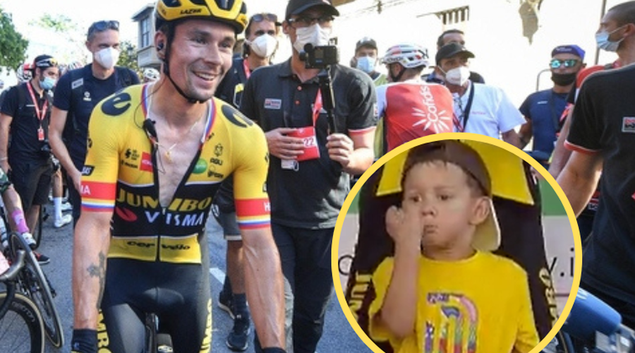 Mali Lev spet v elementu: sin Primoža Rogliča navdušil očetove navijače (VIDEO) (foto: Profimedia/Twitter/fotomontaža)