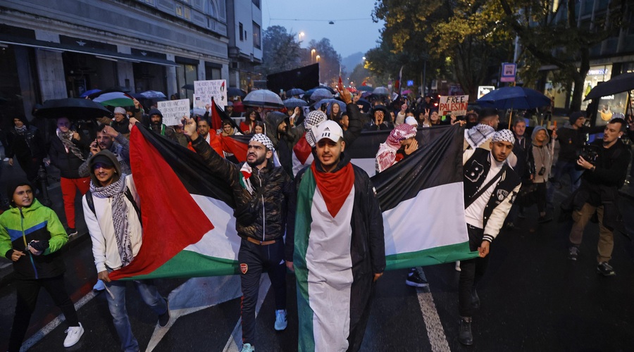Na Trgu republike zavihrale palestinske zastave, slišijo se vzkliki "svoboda Palestini" (foto: Borut Živulovič /Bobo)