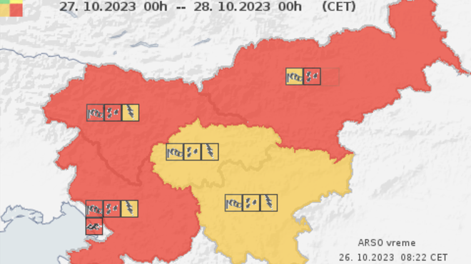 Izdano rdeče opozorilo: Slovenijo bodo kmalu zajele obilne padavine s krajevno močnimi nalivi (foto: Arso)