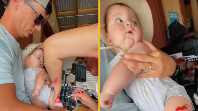 6-mesečnega dojenčka starši peljali na tetoviranje, videoposnetek pa objavili na TikToku (foto: TikTok/Jayda Harris/posnetek zaslona)
