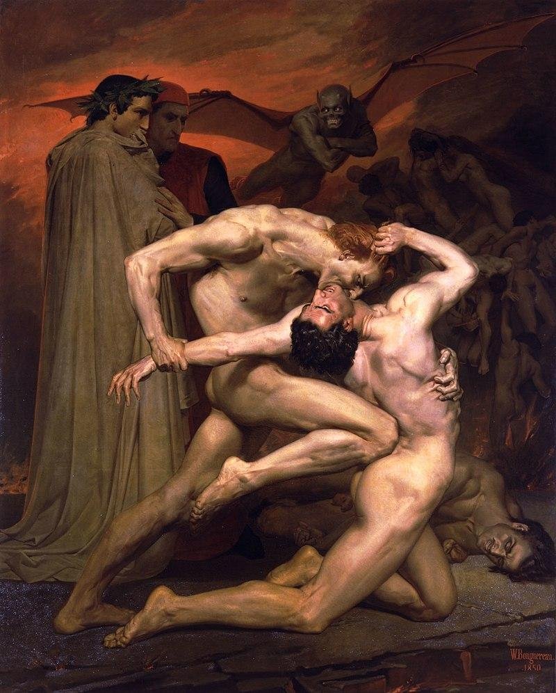 Dante in rimski Vergil opazujeta prebivalce Pekla. Avtor slike je francoski slikar William-Adolphe Bouguereau.