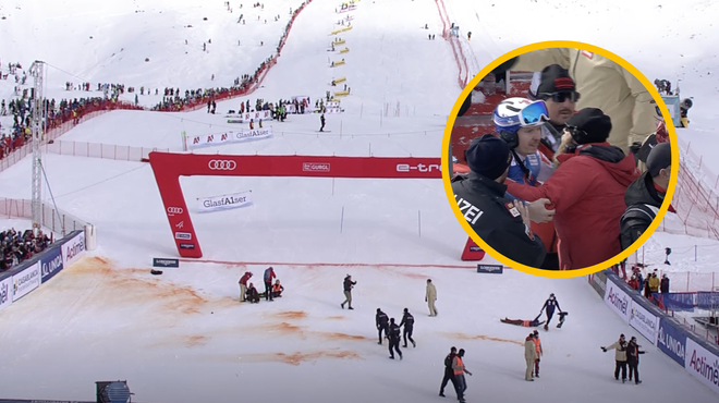 Prekinitev moške slalomske tekme: eden od smučarjev se je tako razburil, da je metal snežne kepe (foto: TV SLO 2/posnetek zaslona/fotomontaža)
