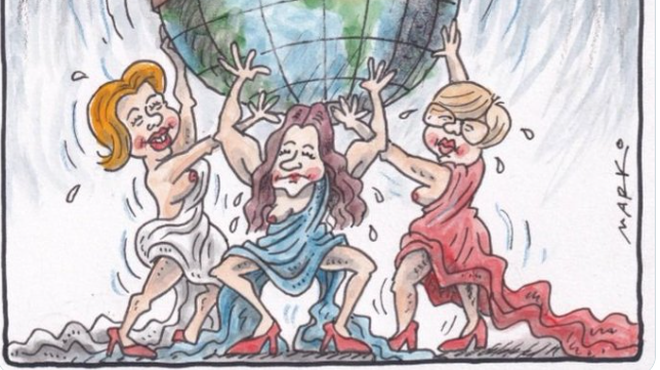 Karikatura naših razgaljenih političark razdvojila Slovence: politični vrh že na nogah (foto: Delo/Omrežje X)