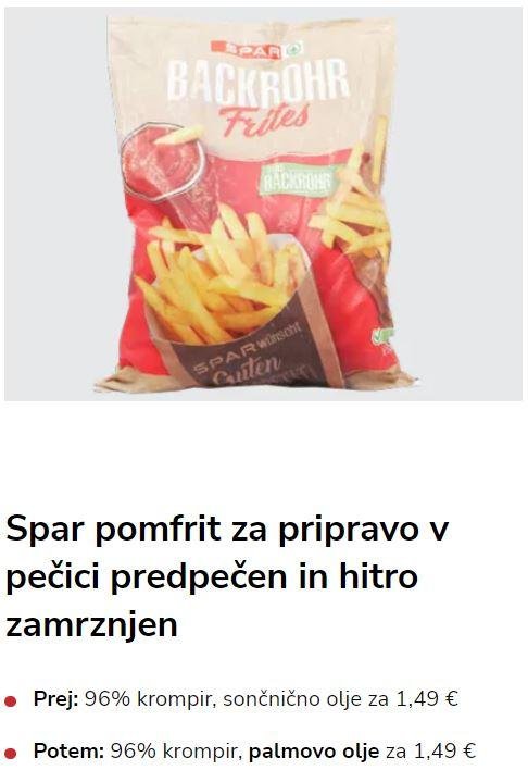 Pri pomfritu so sončnično olje zamenjali s palmovim oljem.