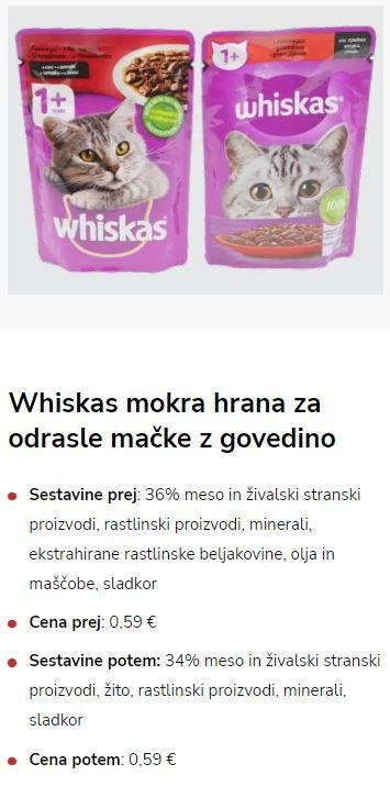 V Whiskas hrani za mačke so zmanjšali vsebnost glavne sestavine.