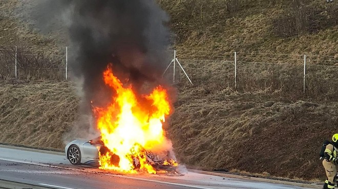 Ognjeni zublji na gorenjski avtocesti: pogorel je električni avto (FOTO) (foto: Facebook/Gasilci Radovljica)