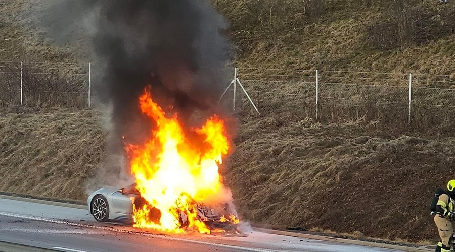 Ognjeni zublji na gorenjski avtocesti: pogorel je električni avto (FOTO) (foto: Facebook/Gasilci Radovljica)