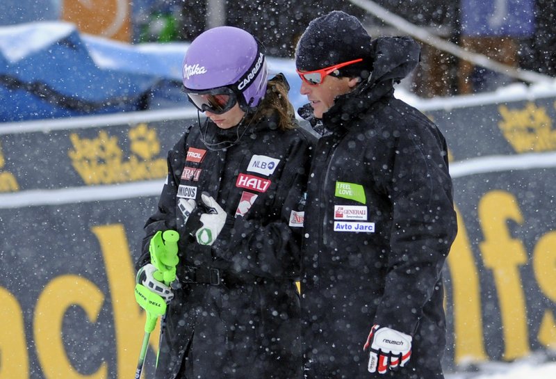 Tina Maze in Mauro Pini pred začetkom 2. teka Zlate lisice 2014