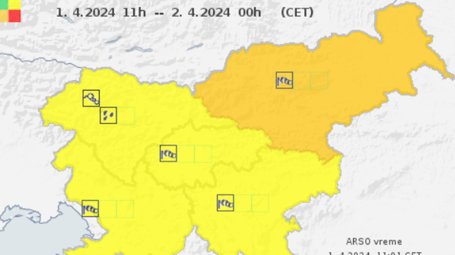 Arso z oranžnim opozorilom za del države (drugod izdano rumeno) (foto: Arso/posnetek zaslona)