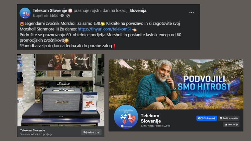 Lažen oglas za Marshallov zvočnik in podoba lažnega Telekomovega Facebook profila.