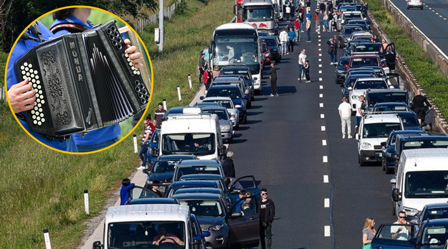 Veš, da je pred tabo prometna nesreča in se s harmoniko zabavaš na avtocesti: je takšno početje res sprejemljivo? (foto: Facebook/Ustvarimo Reševalni pas na avtocestah/Nik Bertoncelj/Bobo/fotomontaža)