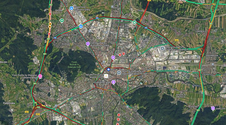 V Ljubljani se je zgodil prometni kolaps, kje je najhuje? (foto: Google Maps/posnetek zaslona)