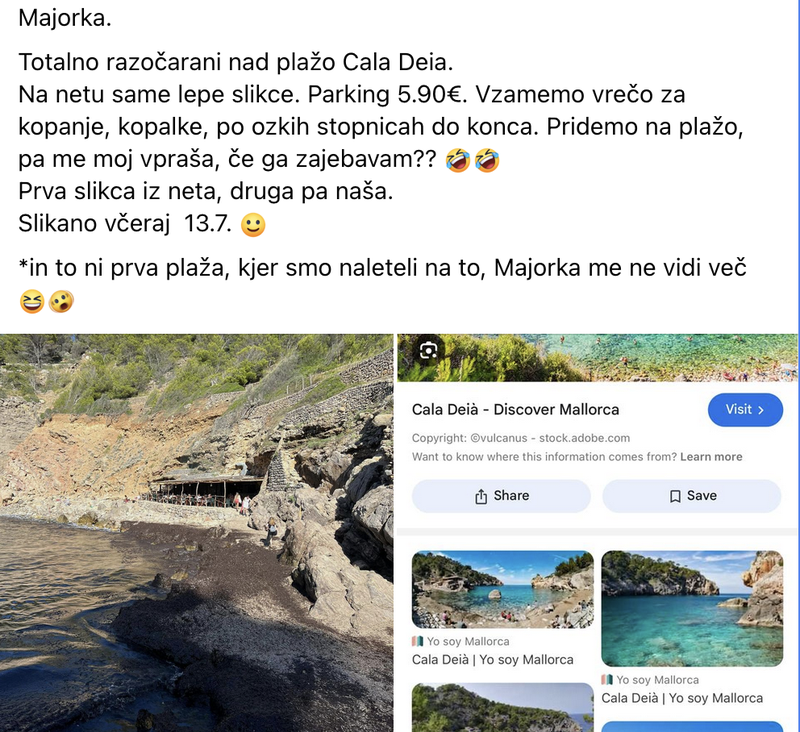 Objava Slovenke v Facebook skupini Ugodno po svetu.