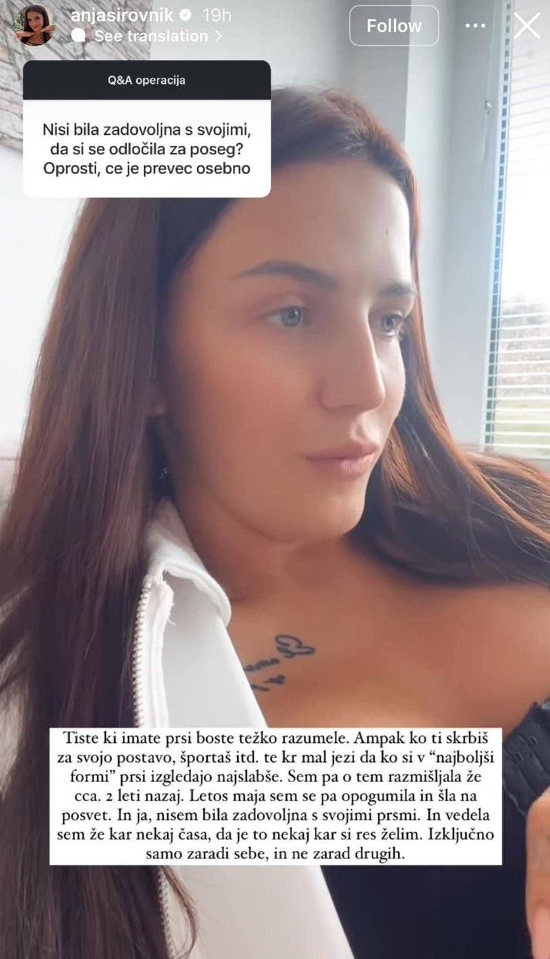 Anja Širovnik po operaciji oprsja.