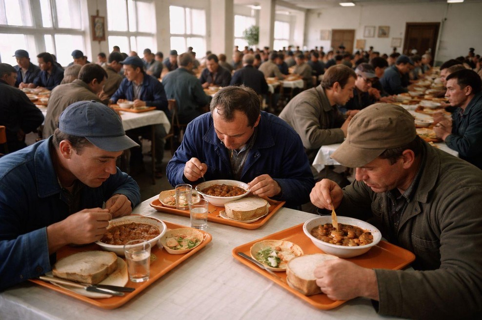 Delavska menza in delavci med jedjo (foto: ChatGTP/AI)