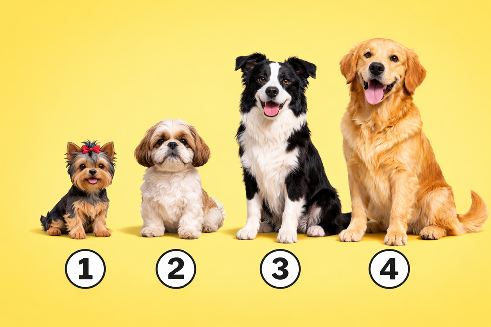 Na zgornji sliki so štirje psi različnih pasem: yorkshirski terier, shih-tzu, borderski ovčar in zlati prinašalec. Vsak pes ima drugačen …