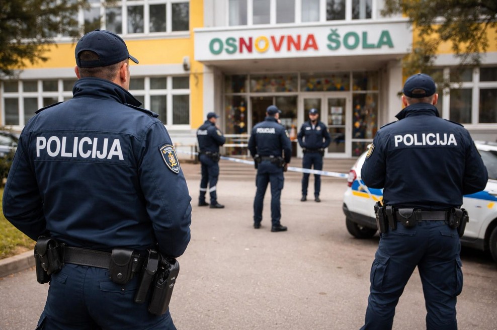 Policisti pred osnovno šolo (foto: ChatGPT/AI)