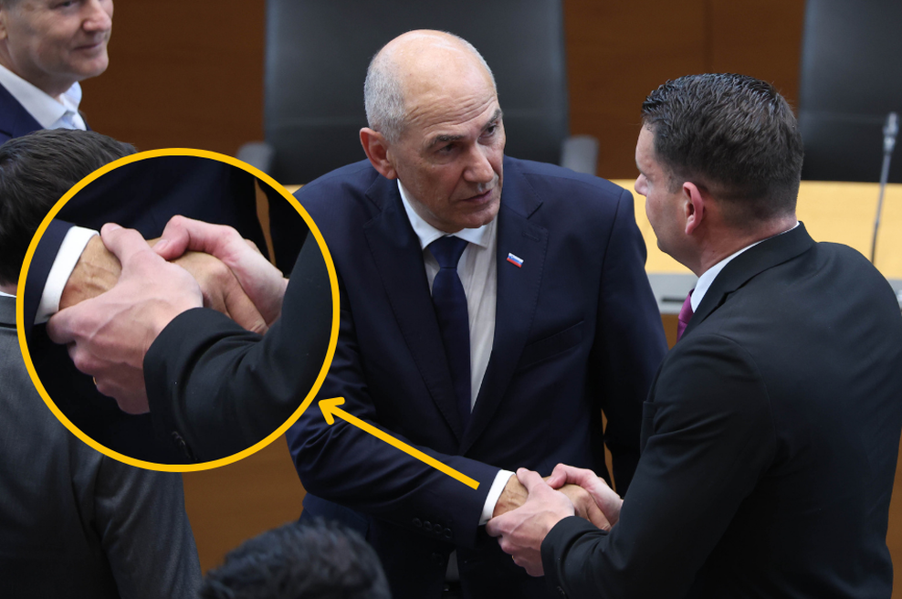 Rokovanje Zorana Stevanovića in Janeza Janše: strokovnjaki za telesno govorico so si o takšnem stisku rok enotni (foto: Borut Živulovič/Bobo)