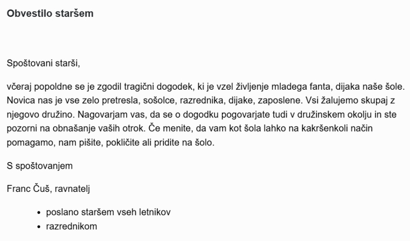 sporočilo staršem